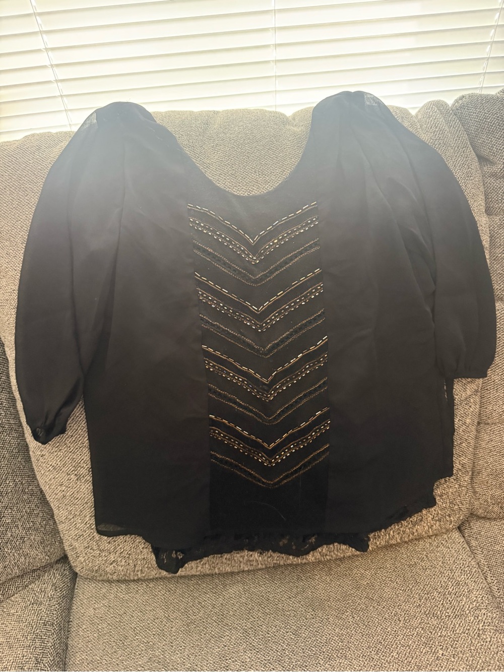 Miss Me Black Blouse with Gold Chevron Trim
